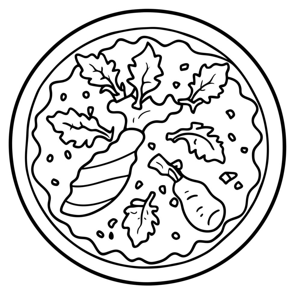 Extremely realistic top down view of fresh pizza with fried chicken. smoked bacon. onion. parmesan. vector