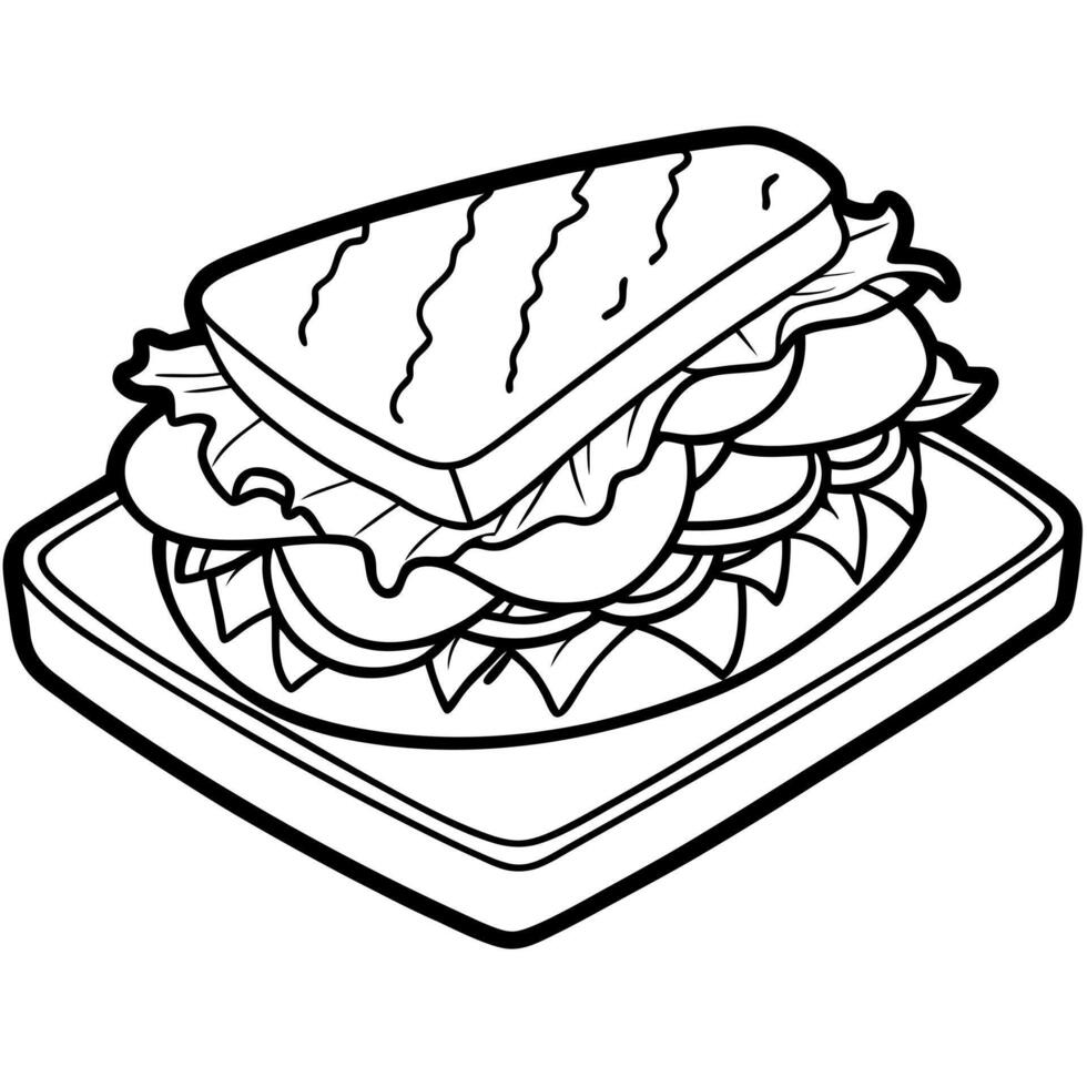 Delicious grilled sandwich with turkey. bacon. lettuce. and melted cheese. served on a rustic wooden vector