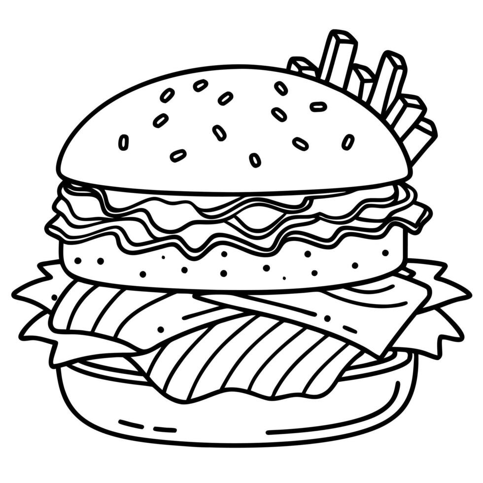 Delicious gourmet burger with melted cheese. bacon. and fresh vegetables served with a side of crisp vector