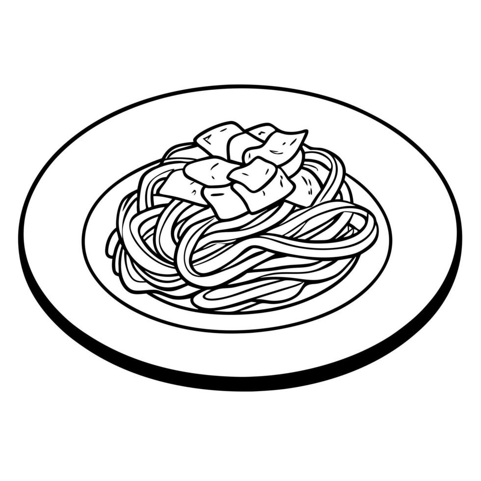 Fettuccine Carbonara in a plate. Pasta with carbonara sauce and bacon. Brown background. side view. vector