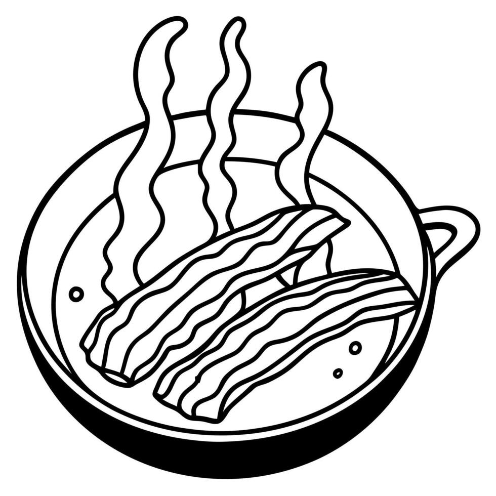 Crispy Bacon Strips on a Black Skillet with Fresh Herbs and Steam Rising - Delicious Breakfast Food vector