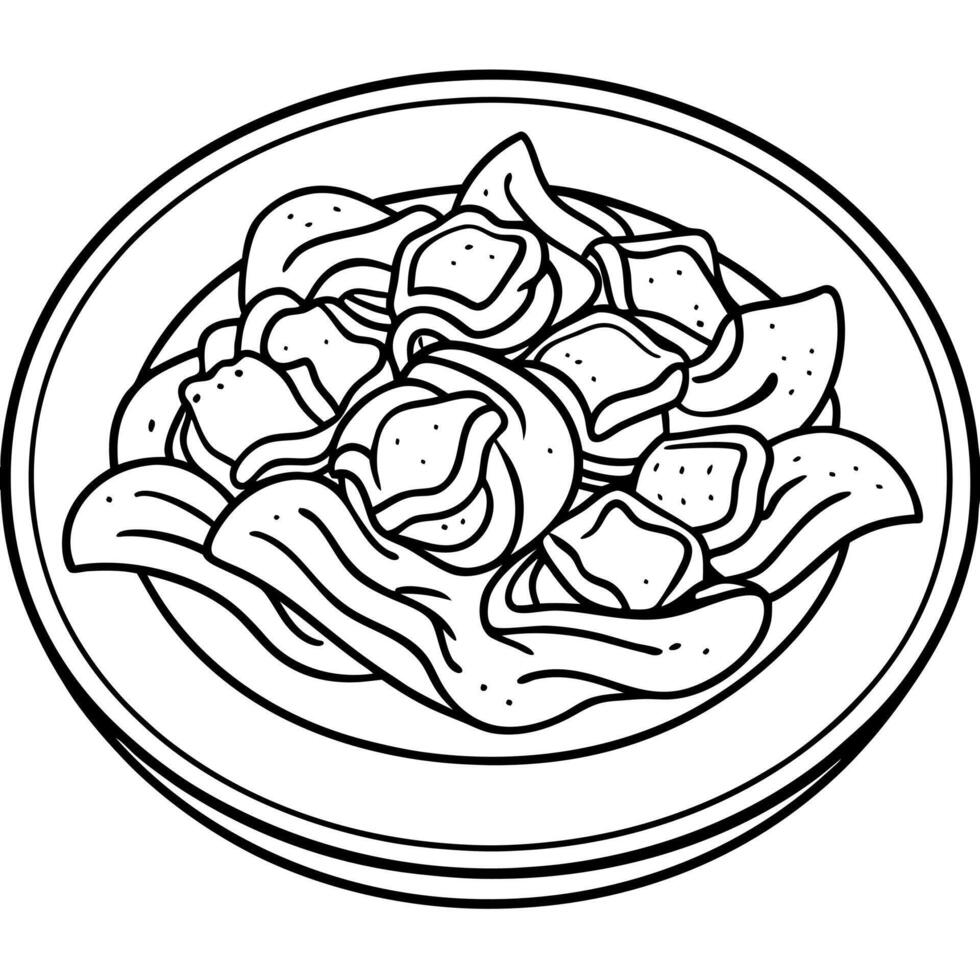 Delicious tortellini pasta topped with crispy bacon. grated cheese. and fresh herbs served on a whit vector