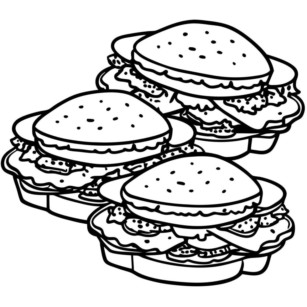 A collection of three healthy rye breakfast sandwiches filled with fresh ingredients resting on a wo vector