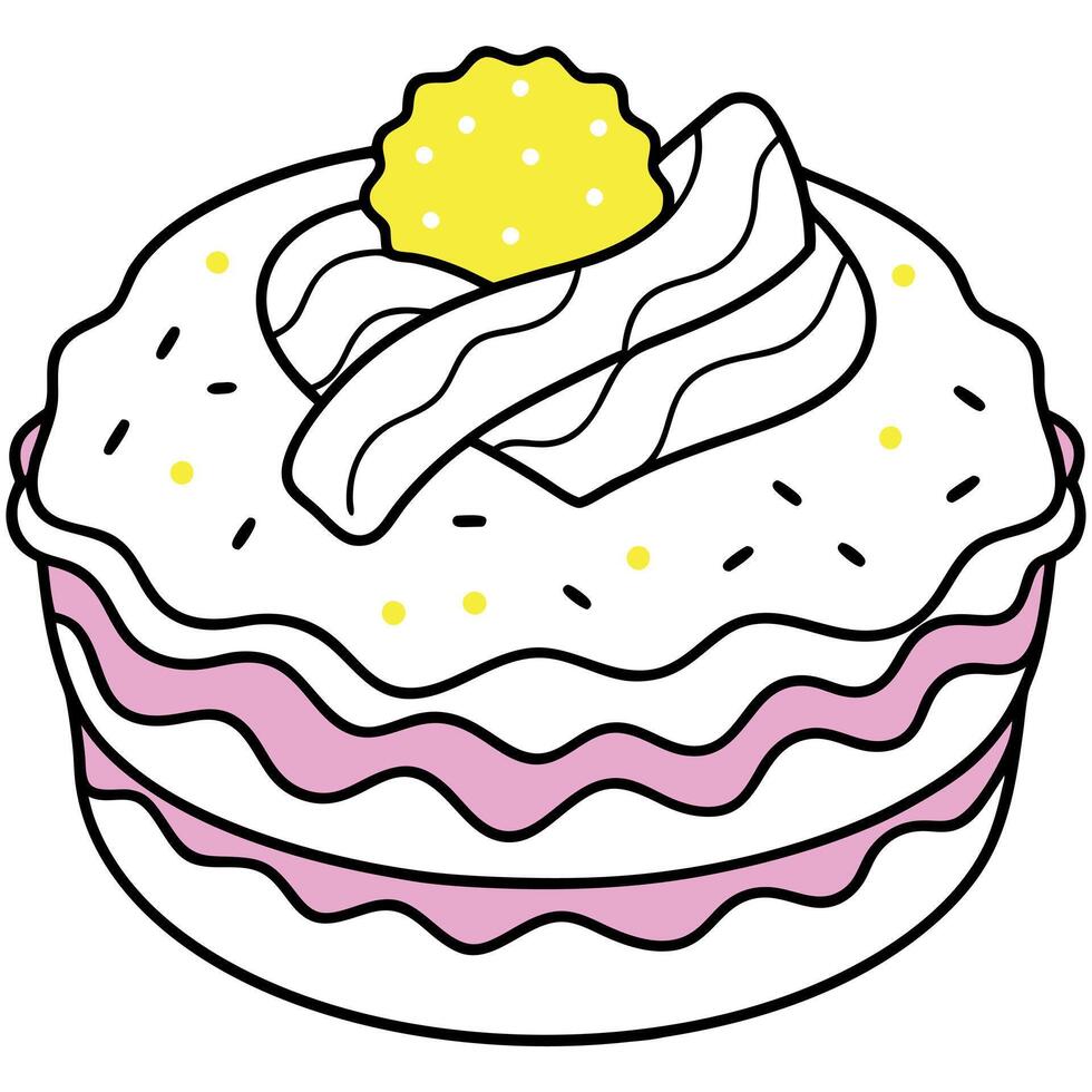 A pink and yellow pastry with bacon and egg on top. The pastry is decorated with sprinkles and looks vector