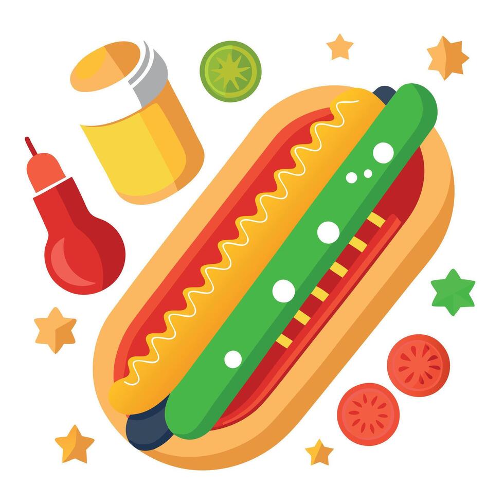 Delicious hot dog with condiments and toppings vector