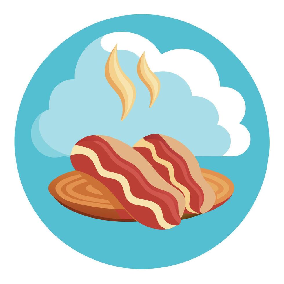 Baked crispy bacon with smoke in the background vector