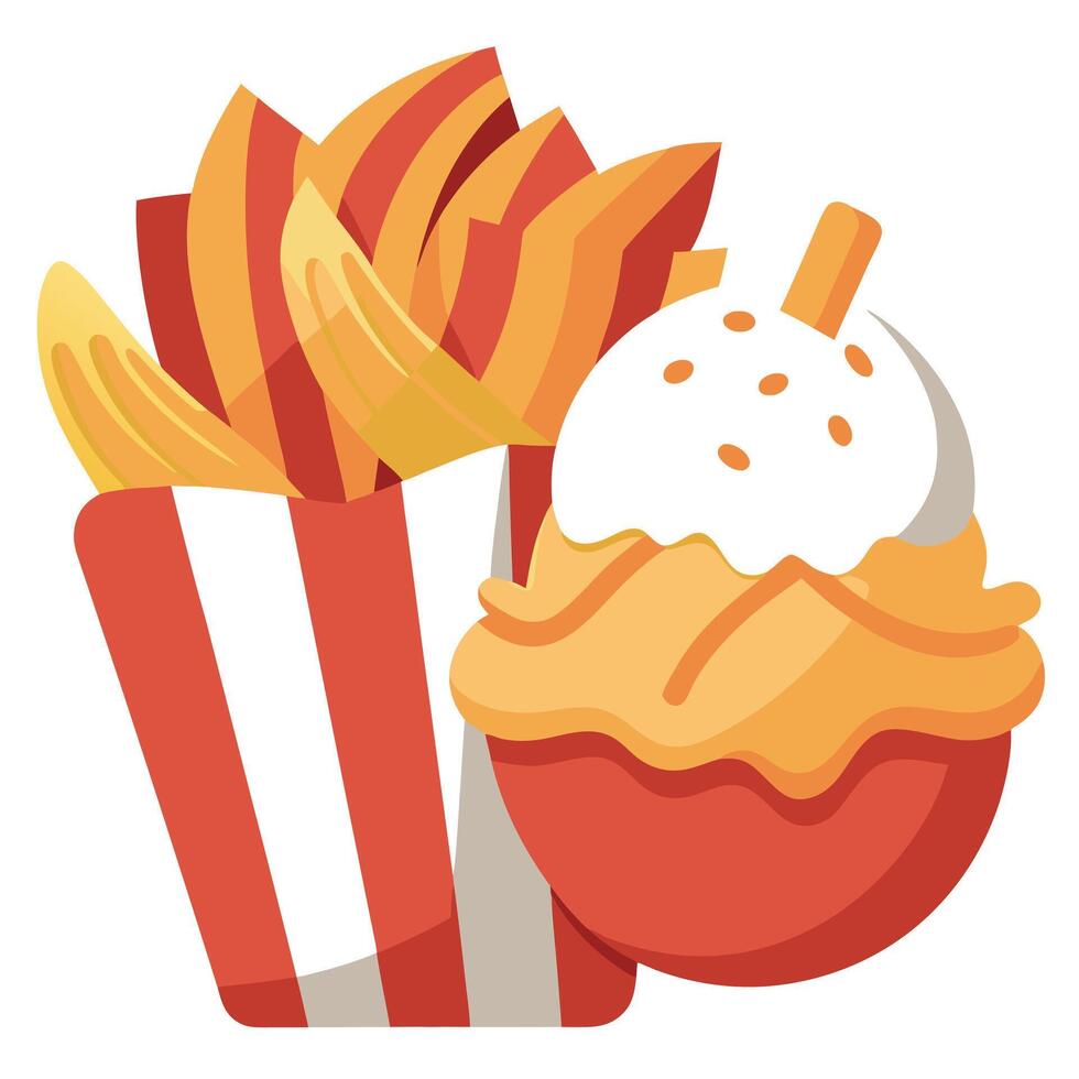 Air-fryer potato chips with ice-cream and bacon vector