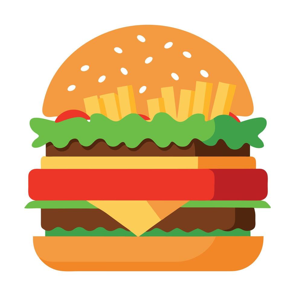 Delicious burger with toppings and french fries vector