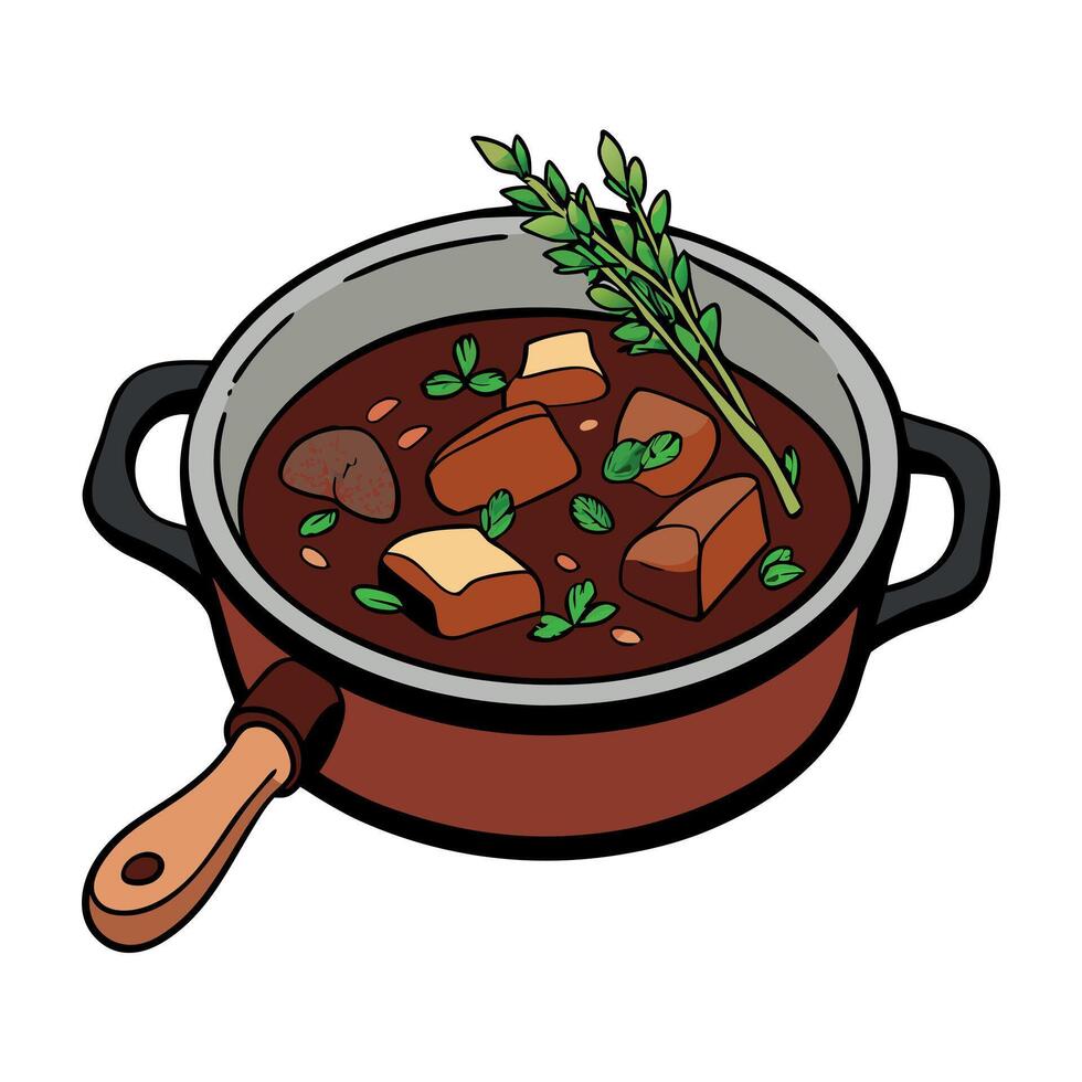 Beef burgundy stew in a cast iron skillet. garnished with herbs. with bread and fresh greens in the vector