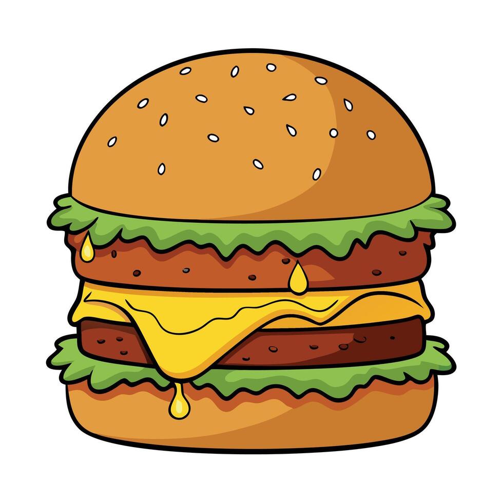 Close-up of a mouthwatering double cheeseburger with melted cheese and dripping barbecue sauce. serv vector