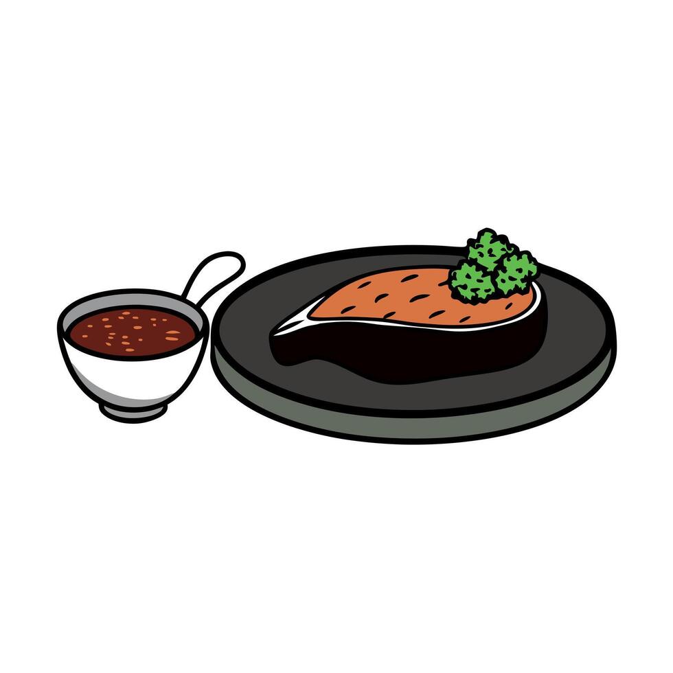 A black plate holds a steak. nearby sits a small bowl of sauce. and a sprig of parsley is placed nex vector