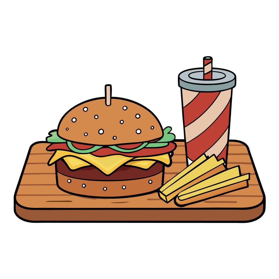 Beef burger on bread with fries with roasted bacon and cheese next to it. toppings and soda on a pie vector
