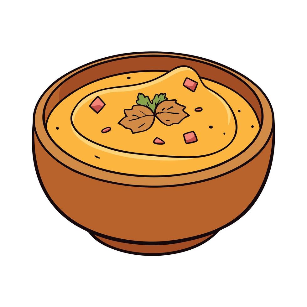 Creamy Pumpkin Soup with Bacon and Thyme in Wooden Bowl. pumpkin soup. fall recipe. comfort food. so vector
