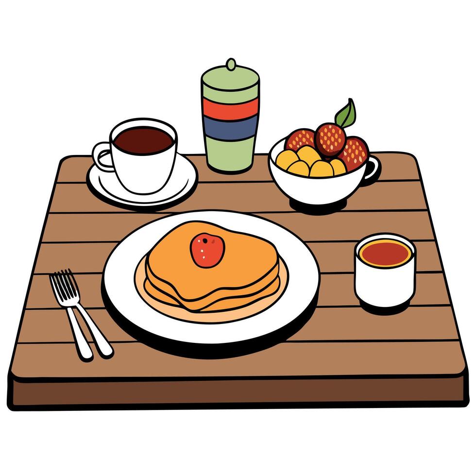 Delicious breakfast spread featuring pancakes. eggs. bacon. fresh fruit. and coffee on a rustic wood vector