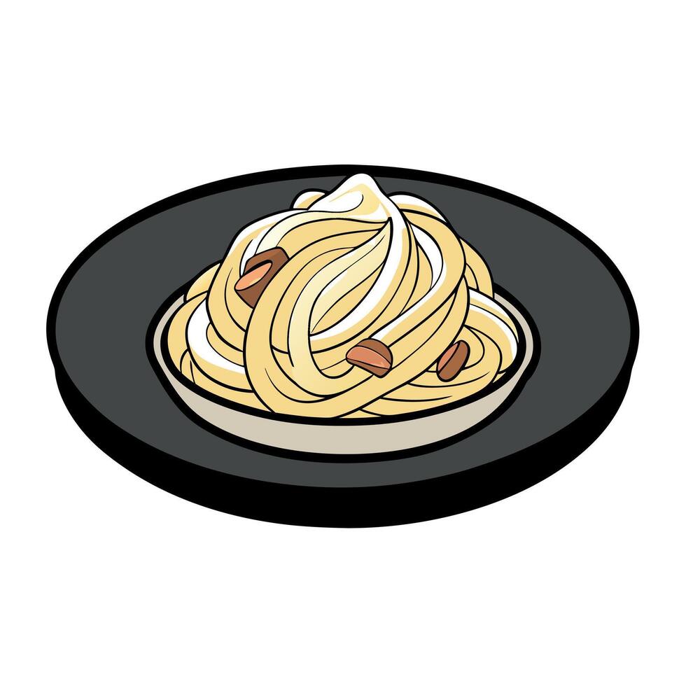 Close-up of creamy carbonara pasta with bacon. parmesan cheese. and parsley on a black plate and woo vector