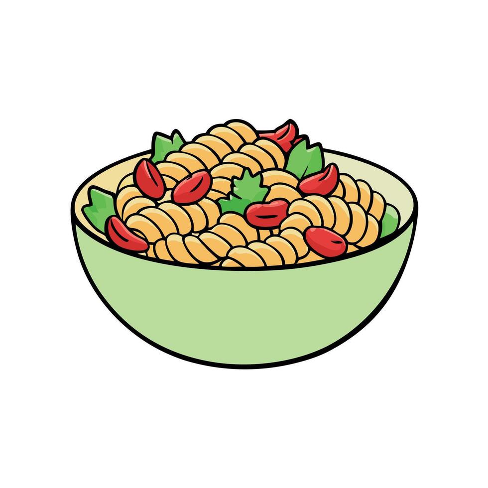 A delicious bowl of pasta salad featuring bacon and spinach. served with rotini for a twist on the c vector