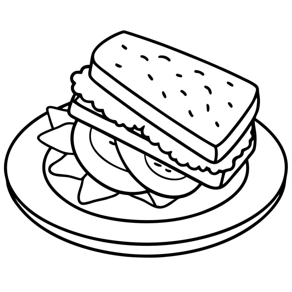 A grilled sandwich with tomato and lettuce on a white plate. The sandwich is topped with a slice of vector