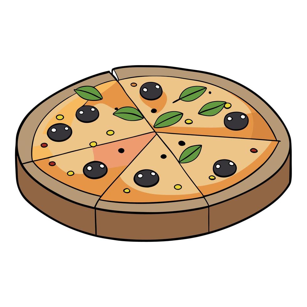 Close up of a delicious tuna and olive pizza with melted cheese and herbs served on a rustic wooden vector