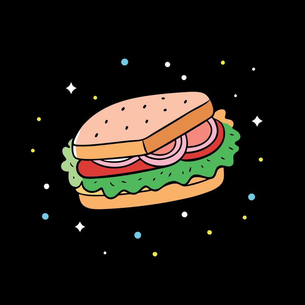 An image featuring a ham. lettuce. and bacon sandwich on a dark background adorned with confetti spr vector