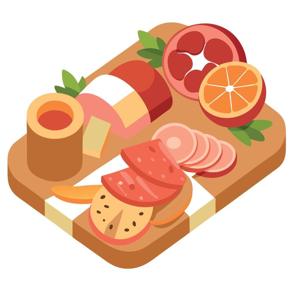 Cold cut sliced deli meats on charcuterie board vector