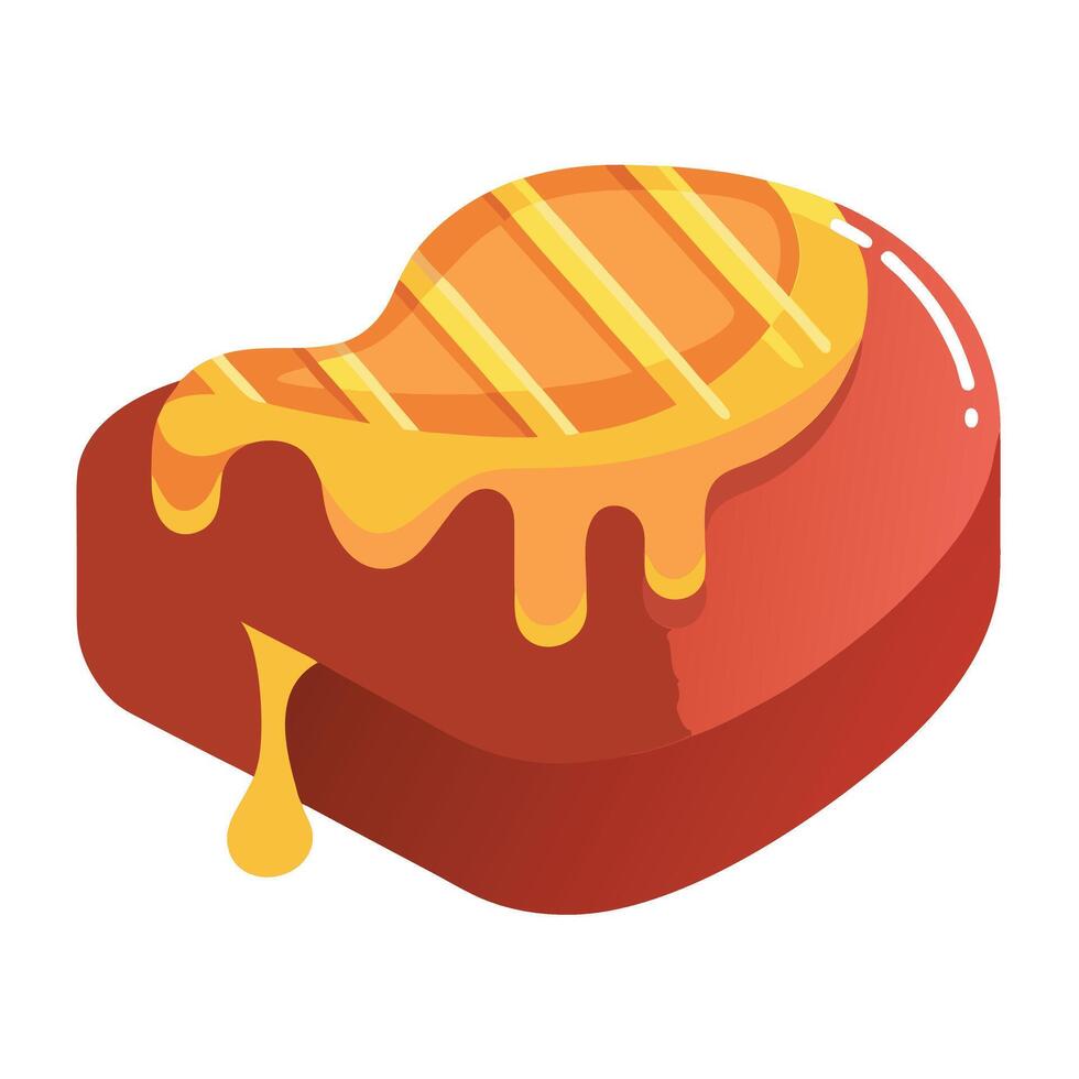 A juicy steak topped with syrup on a white surface. vector