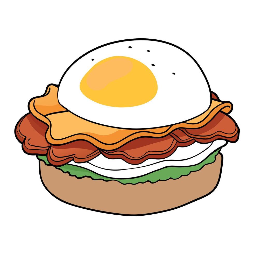 Gourmet breakfast sandwich with fried egg. bacon. and sausage on a toasted bun. garnished with fresh vector