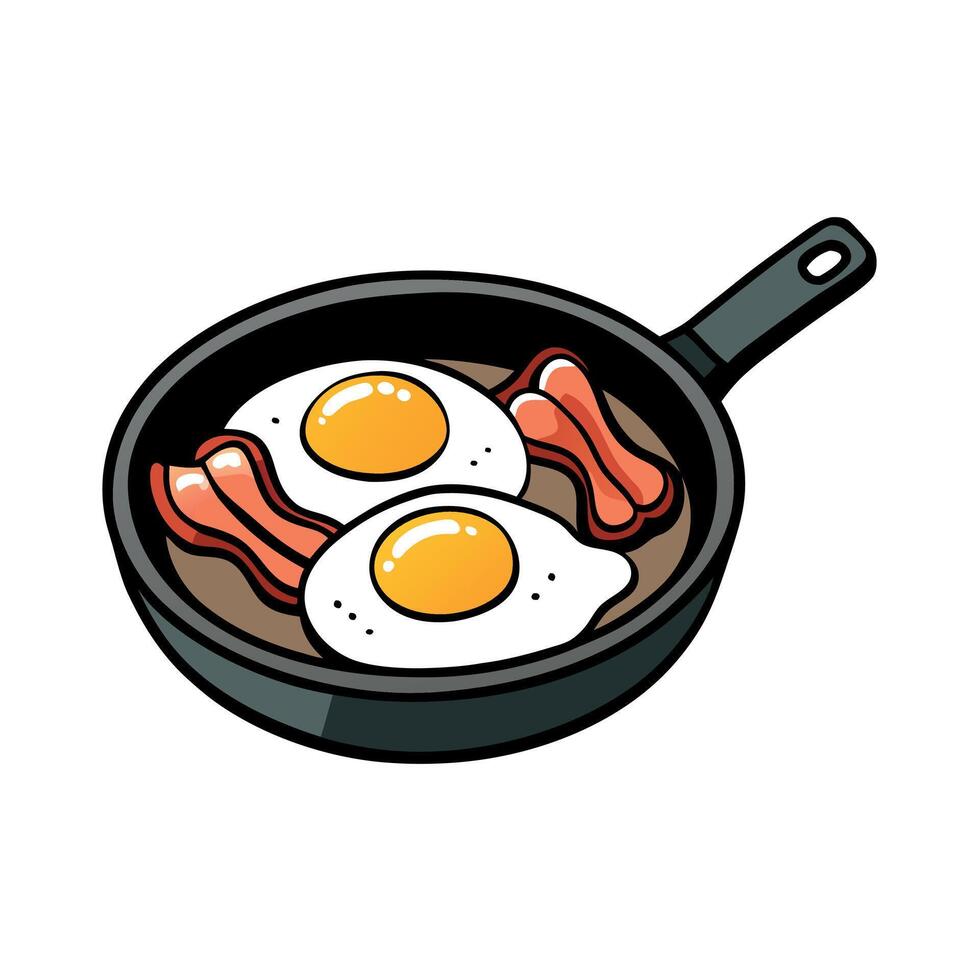 A hearty camping breakfast sizzles in a cast iron skillet. featuring crispy bacon and sunny-side-up vector
