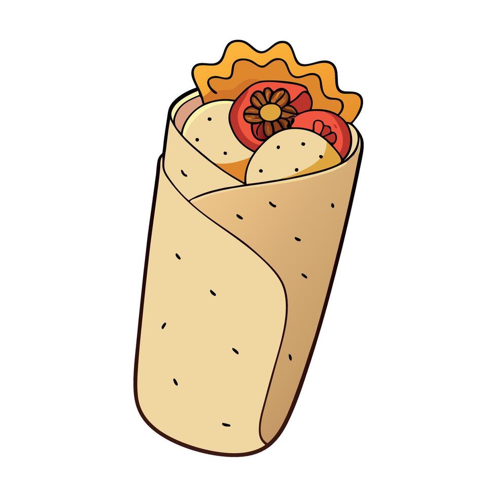 Delicious breakfast burrito filled with eggs. potatoes. bacon. and sausage. wrapped in a grilled tor vector