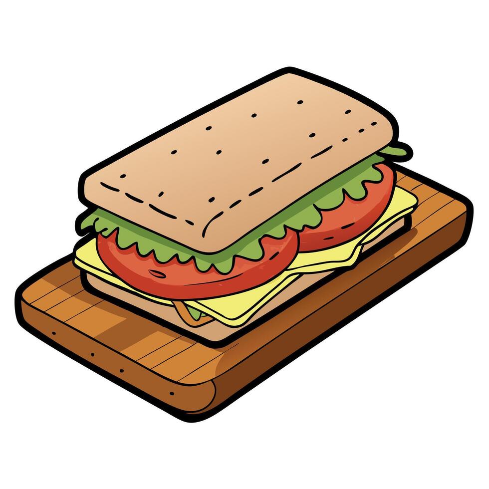 Delicious whole grain sandwich filled with fresh vegetables and savory meat. served on a rustic wood vector
