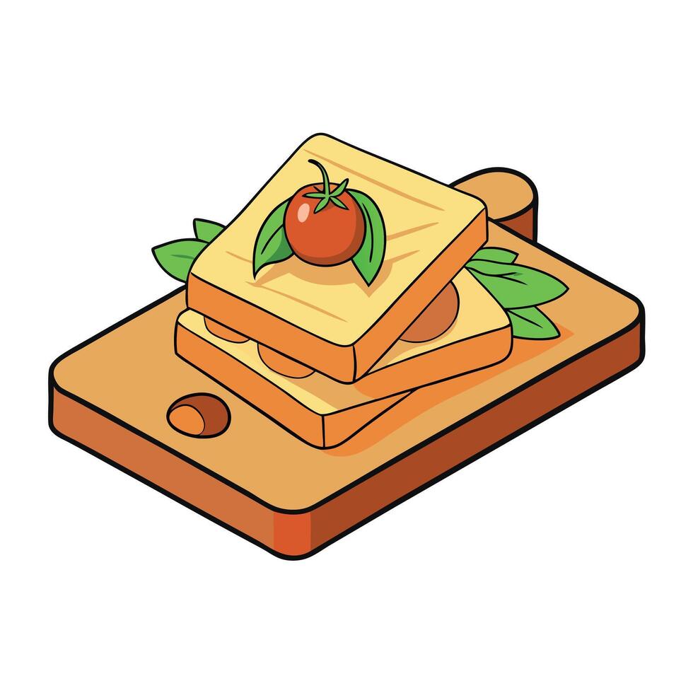 A grilled cheese sandwich with tomatoes and basil on top. The sandwich is served on a wooden cutting vector
