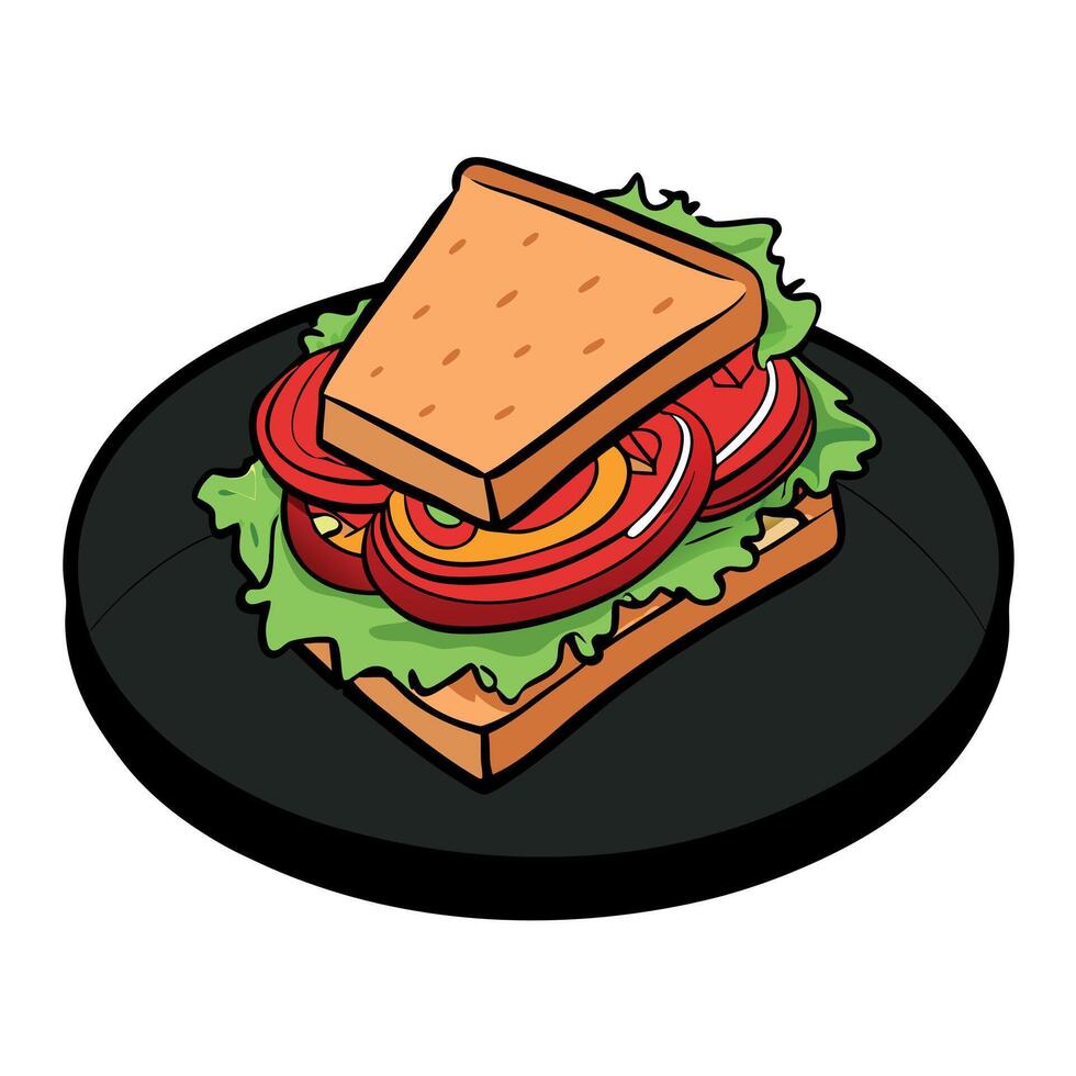 Classic BLT sandwich with crispy bacon. lush lettuce. ripe tomatoes on toasted bread. served on dark vector