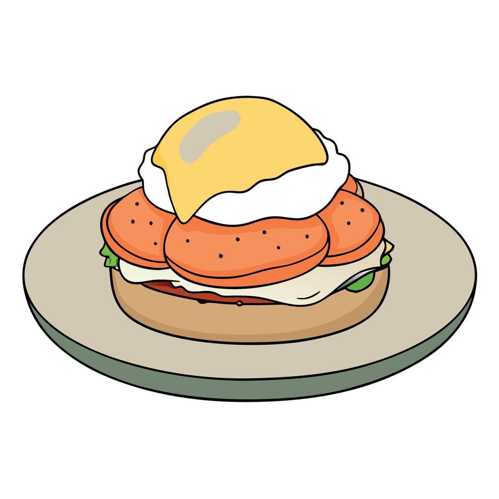 Eggs Benedict with Smoked Salmon and Hollandaise Sauce on English Muffin. Perfect for Brunch or Brea vector