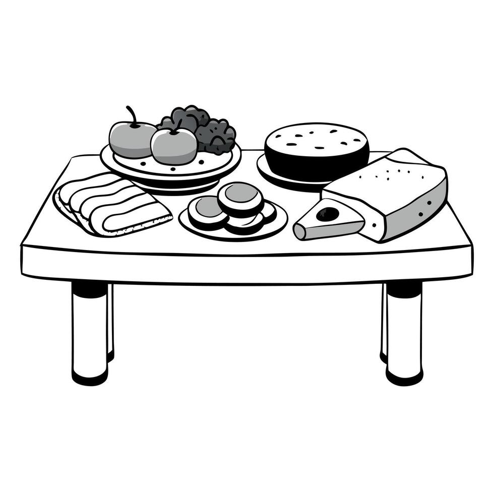 A black and white photo of a table with a variety of meats and cheeses. including salami. ham. and c vector