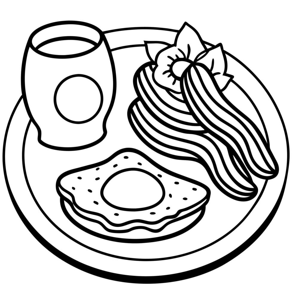 A delicious breakfast spread featuring sunny-side-up eggs. crispy bacon. avocado slices. and pancake vector