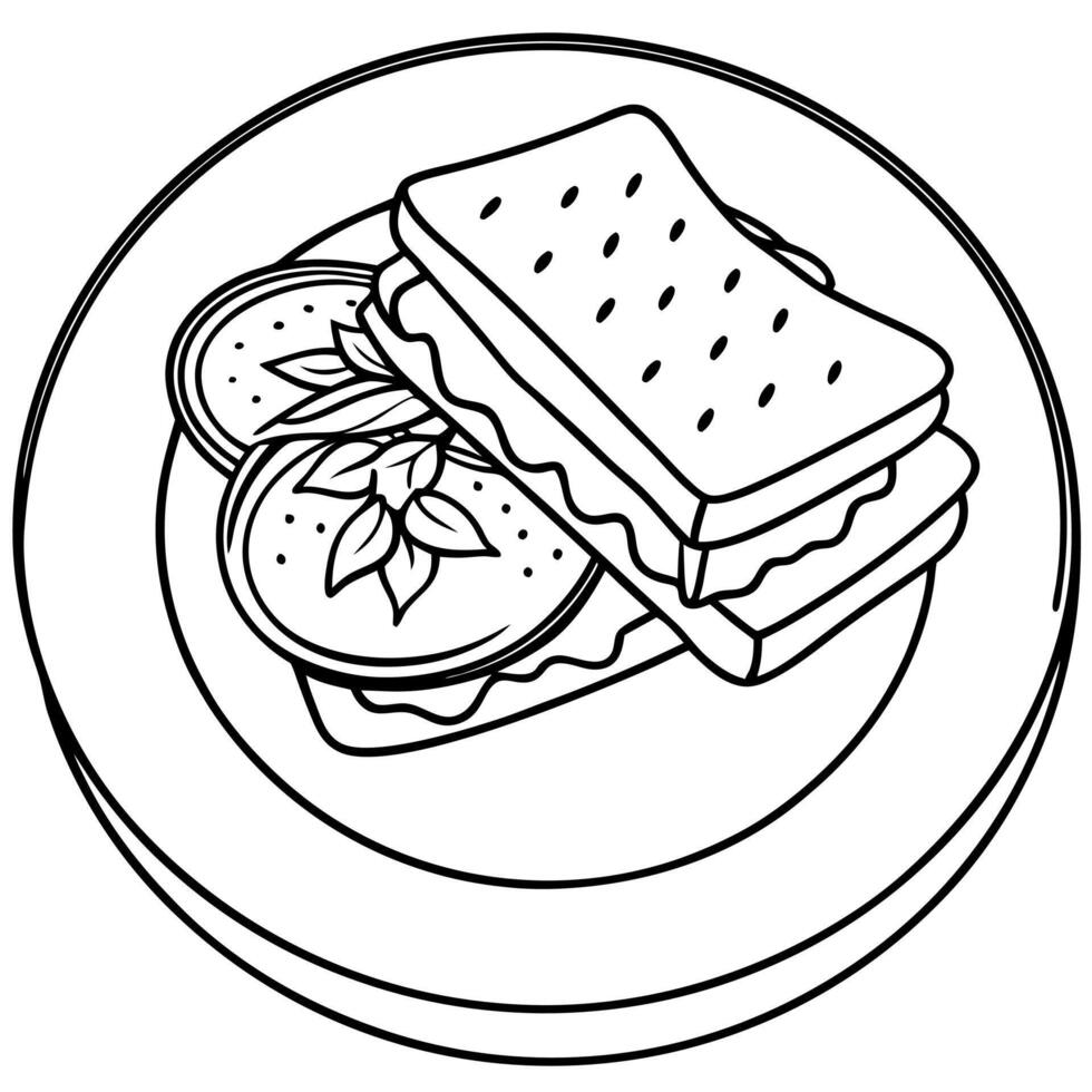 Homemade sandwich with toast chicken tomato salad mozzarella on white plate Flat lay on wood tableto vector