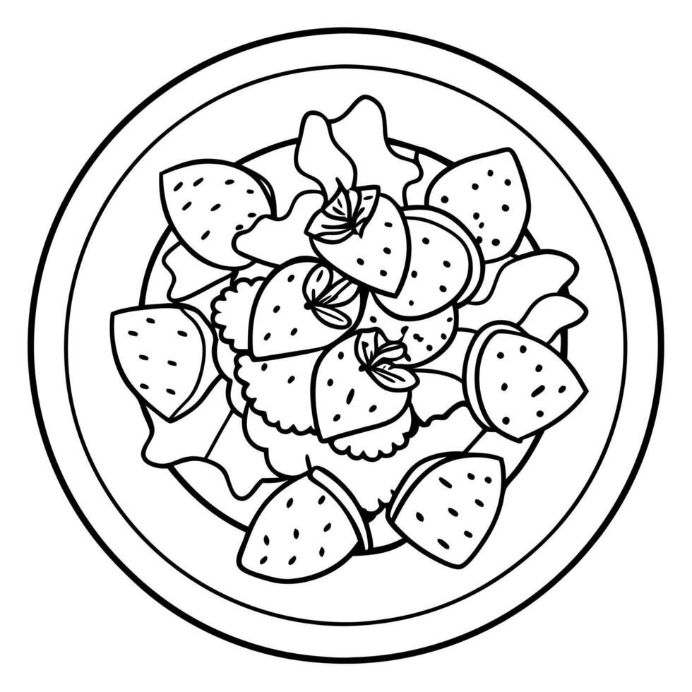 Fresh spring salad with strawberries bacon and ravioli on a light wooden surface Top view empty spac vector
