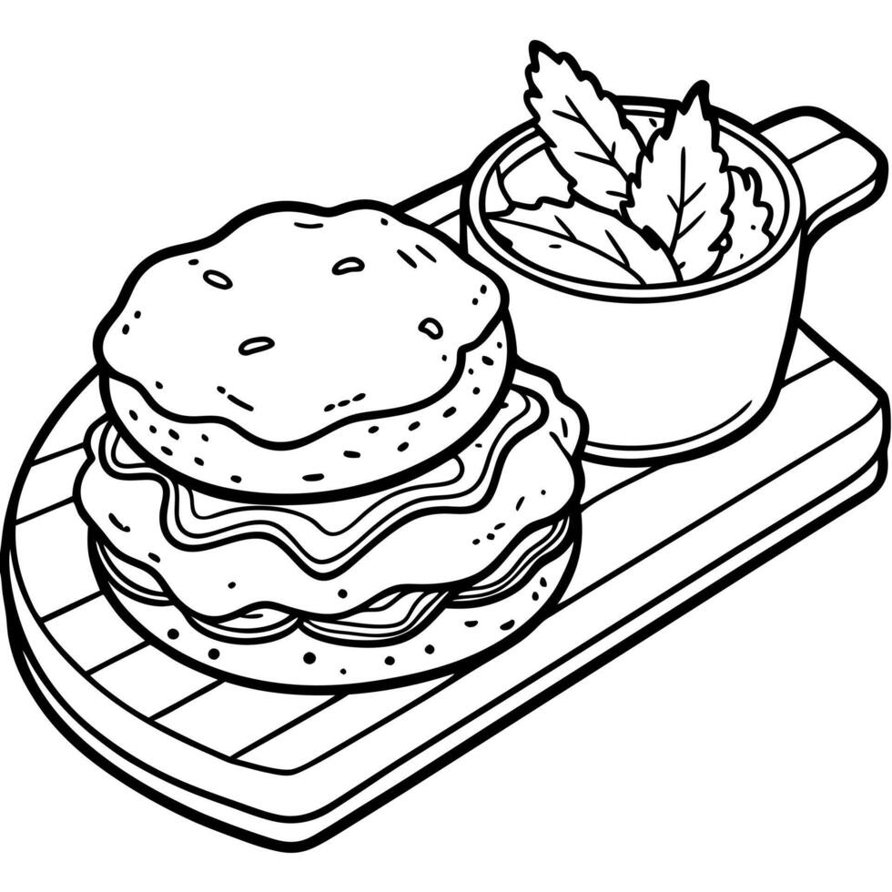 Flaky biscuits topped with savory sausage gravy and herbs. served with crispy bacon on a wooden boar vector