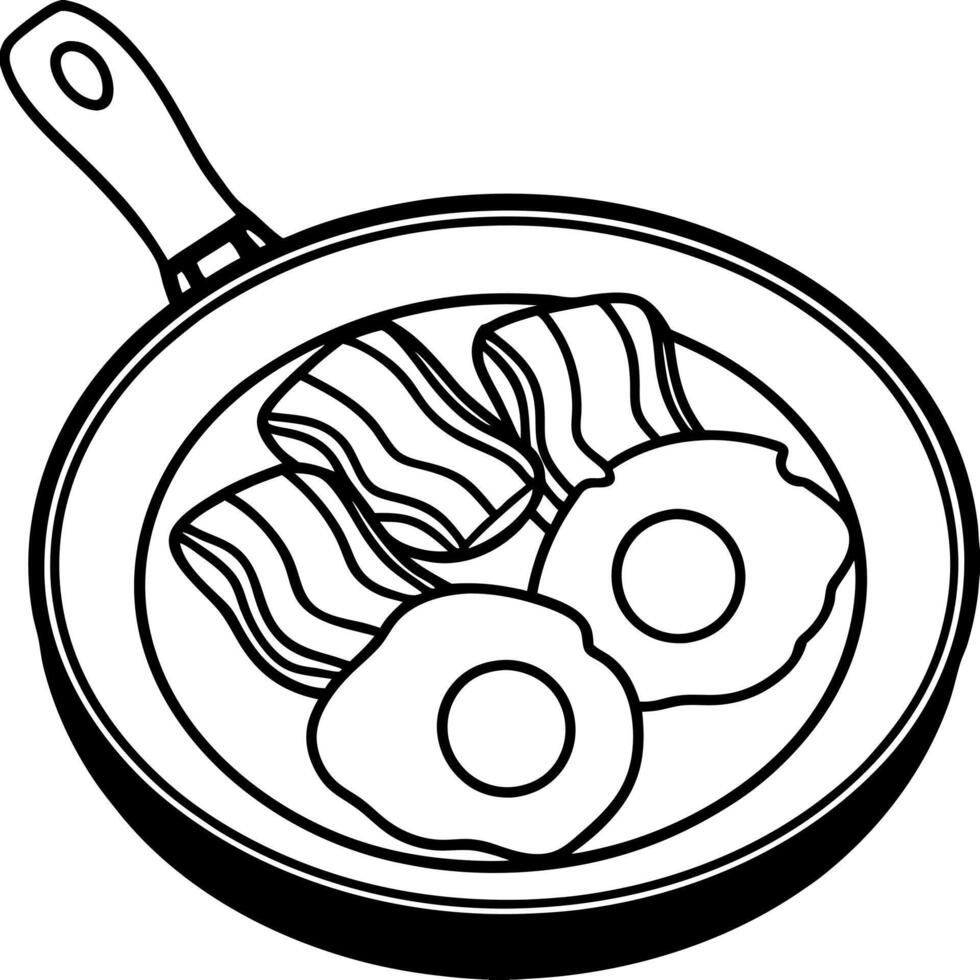 A tight shot of eggs and bacon sizzling in a frying pan against a backdrop of additional eggs on a t vector