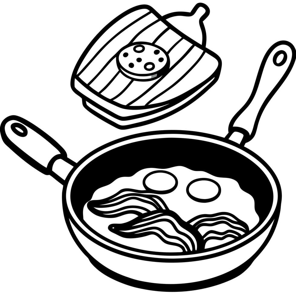 A frying pan. brimming with eggs and bacon. sits atop a wood-burning stove A nearby spatula awaits u vector