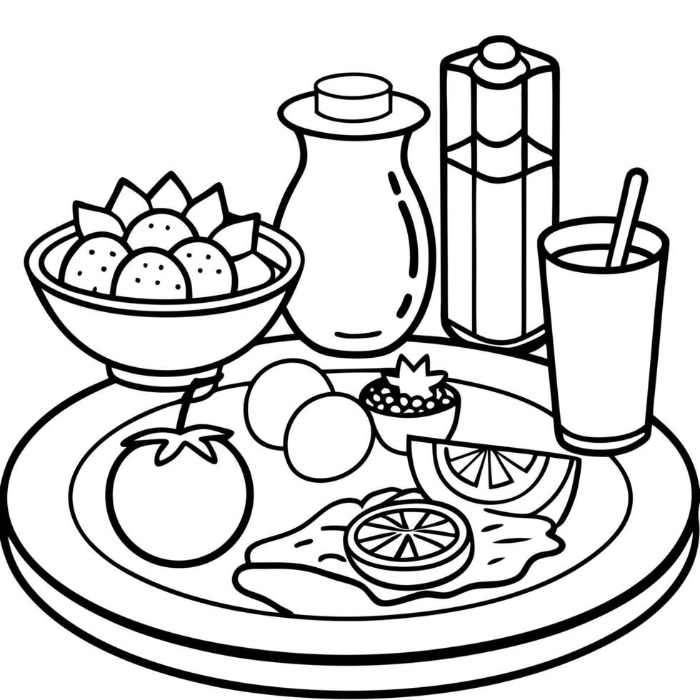 Delicious breakfast spread featuring eggs. vegetables. and fresh juice served at a vibrant dining ta vector