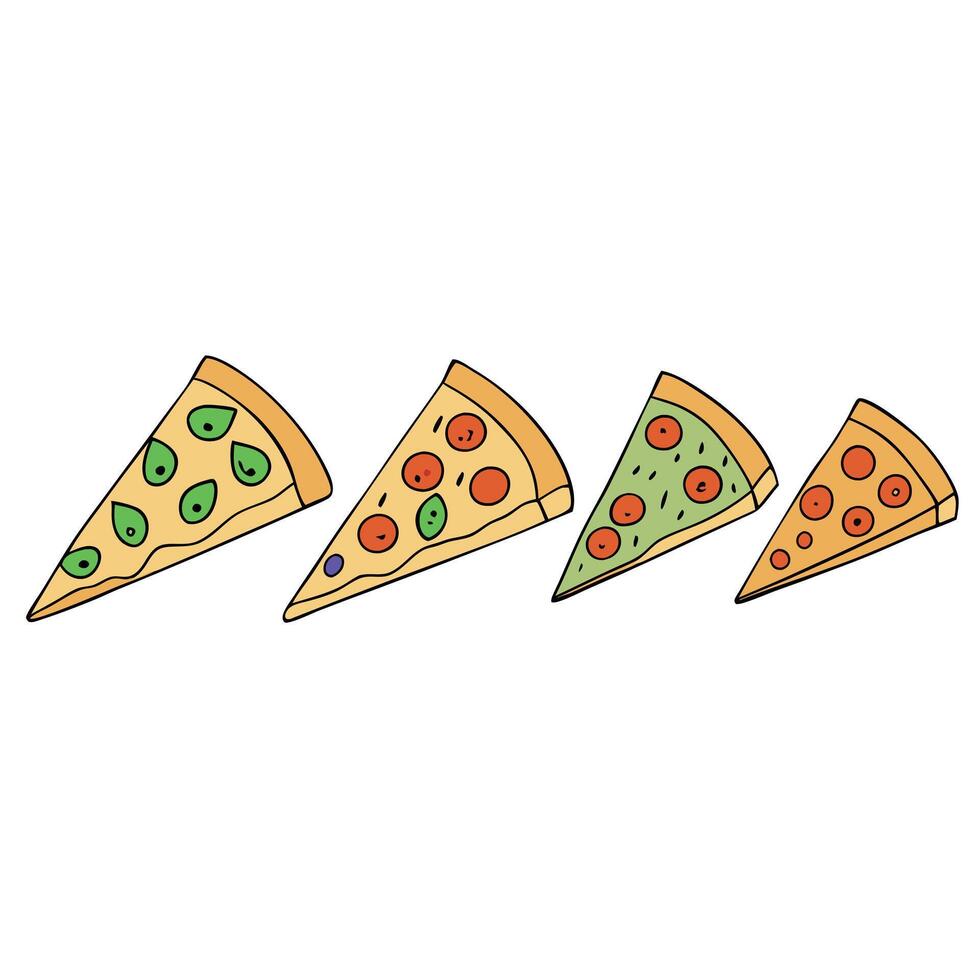 A row of six pizzas with different toppings. The pizzas are arranged in a row and are all cut into s vector