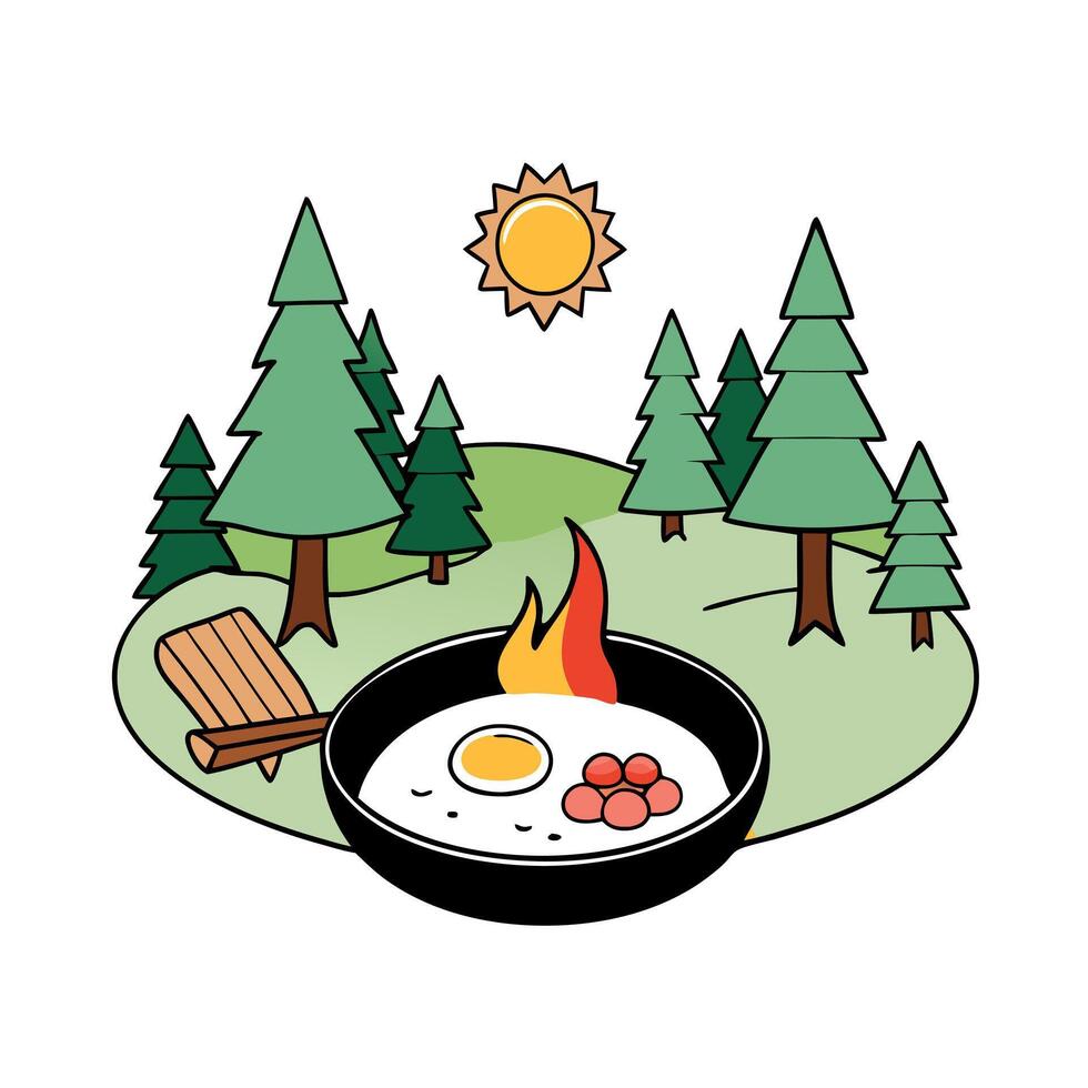 Camping breakfast with bacon and eggs in a cast iron skillet. Fried eggs with bacon in a pan in the vector