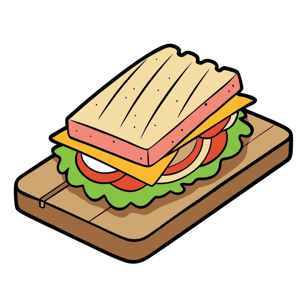 A deliciously grilled sandwich loaded with ham. melted cheese. and fresh greens on a rustic wooden b vector