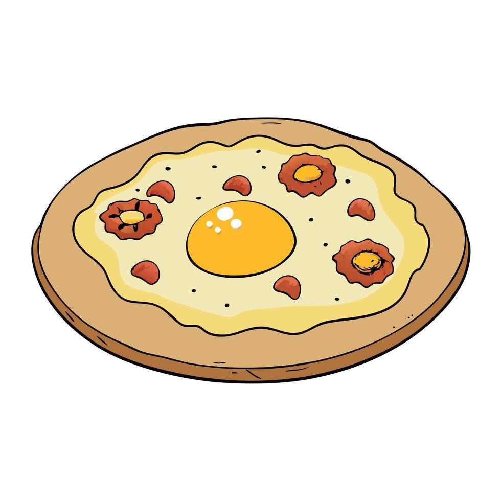 Design an image displaying a breakfast-inspired pizza topped with scrambled eggs. bacon. and hash br vector