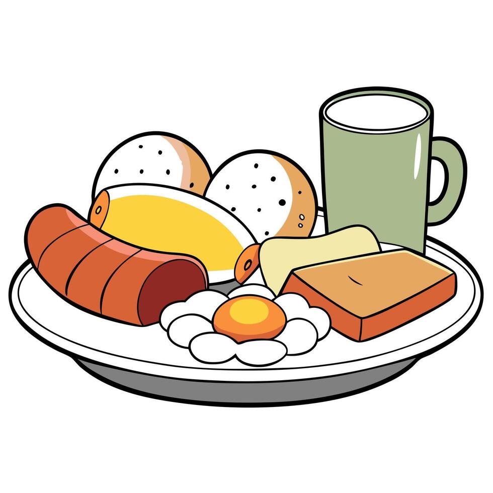 A traditional German breakfast with assorted cold cuts. cheeses. bread rolls. and a soft-boiled egg. vector