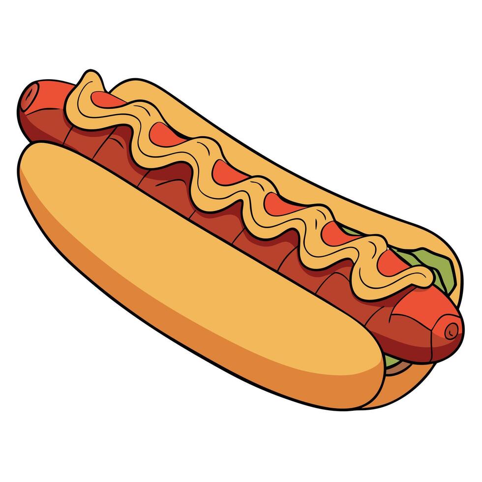Big hot-dog with crispy bacon. fried onions. melted cheese and mustard on wooden table. Tasty fast f vector