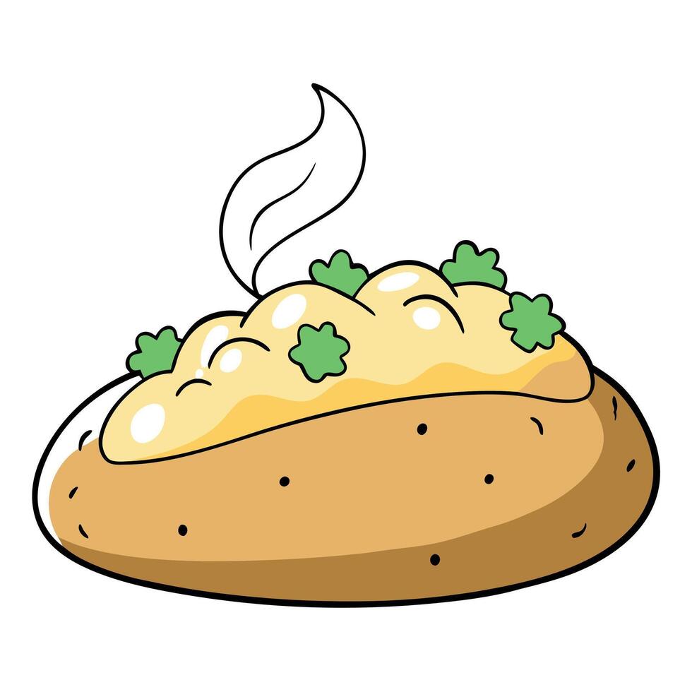 A close-up of a loaded baked potato with sour cream. cheese. and chives. steaming hot and ready to e vector