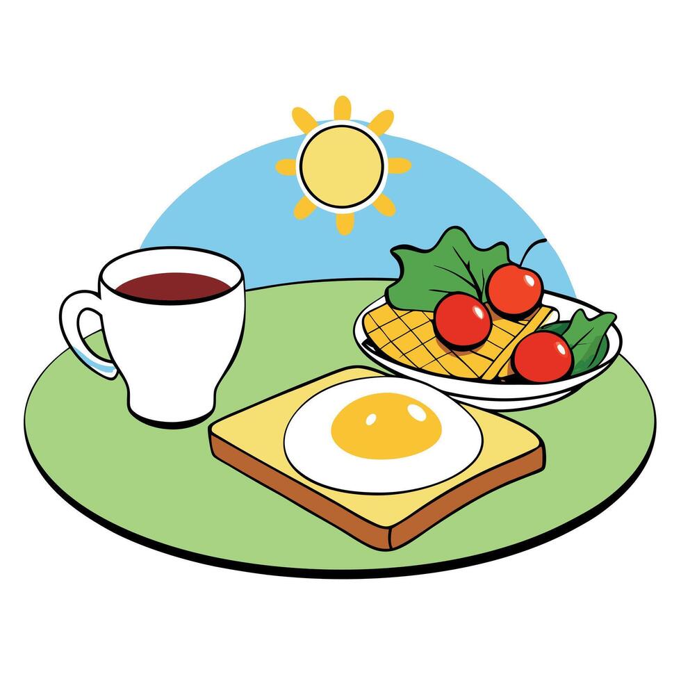 Delicious breakfast with sunny-side-up eggs. toast. fresh salad. and coffee on a sunny morning table vector