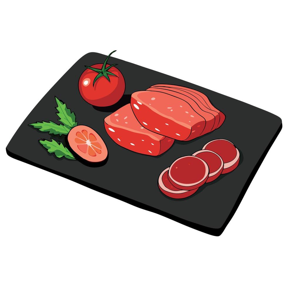 Fresh raw beef meat slices. bacon and vegetables like tomatoes. parsley and pepper laying on a black vector