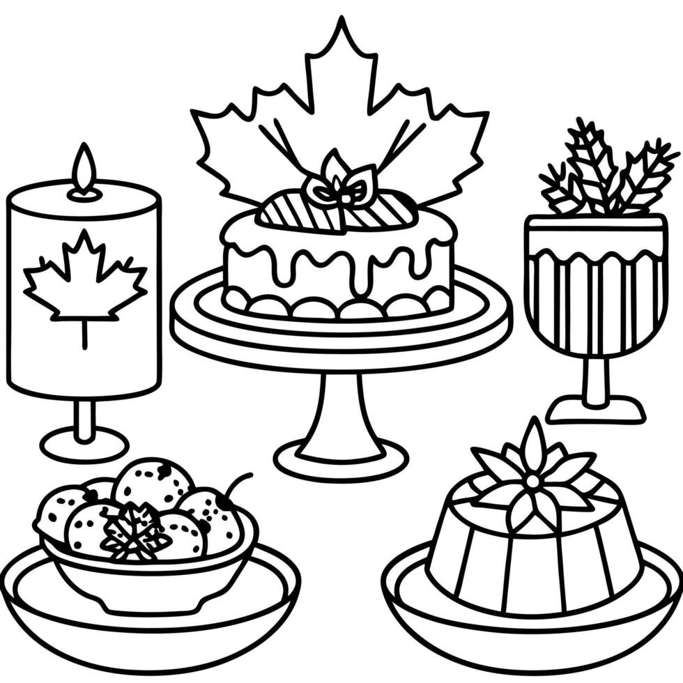 Christmas table with a variety of traditional Canadian dishes such as pudding. bacon. poutine. flags vector
